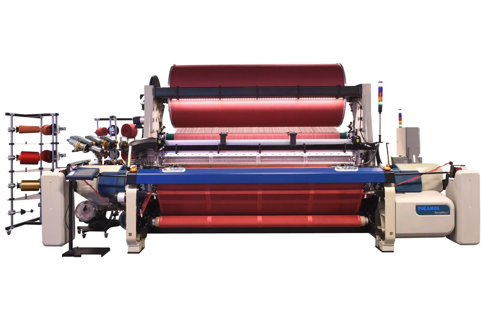 Rapier loom with jacquard weaving a red patterned fabric