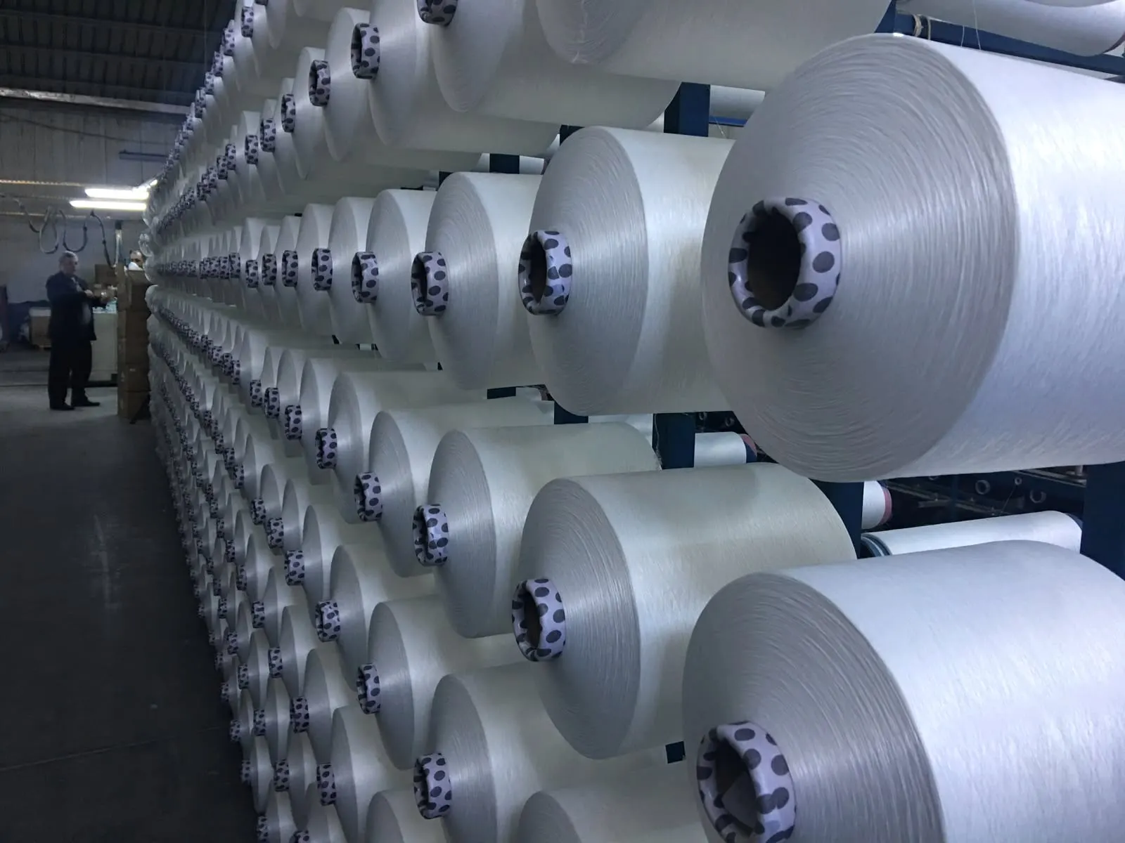 Rows of white yarn cones on a creel